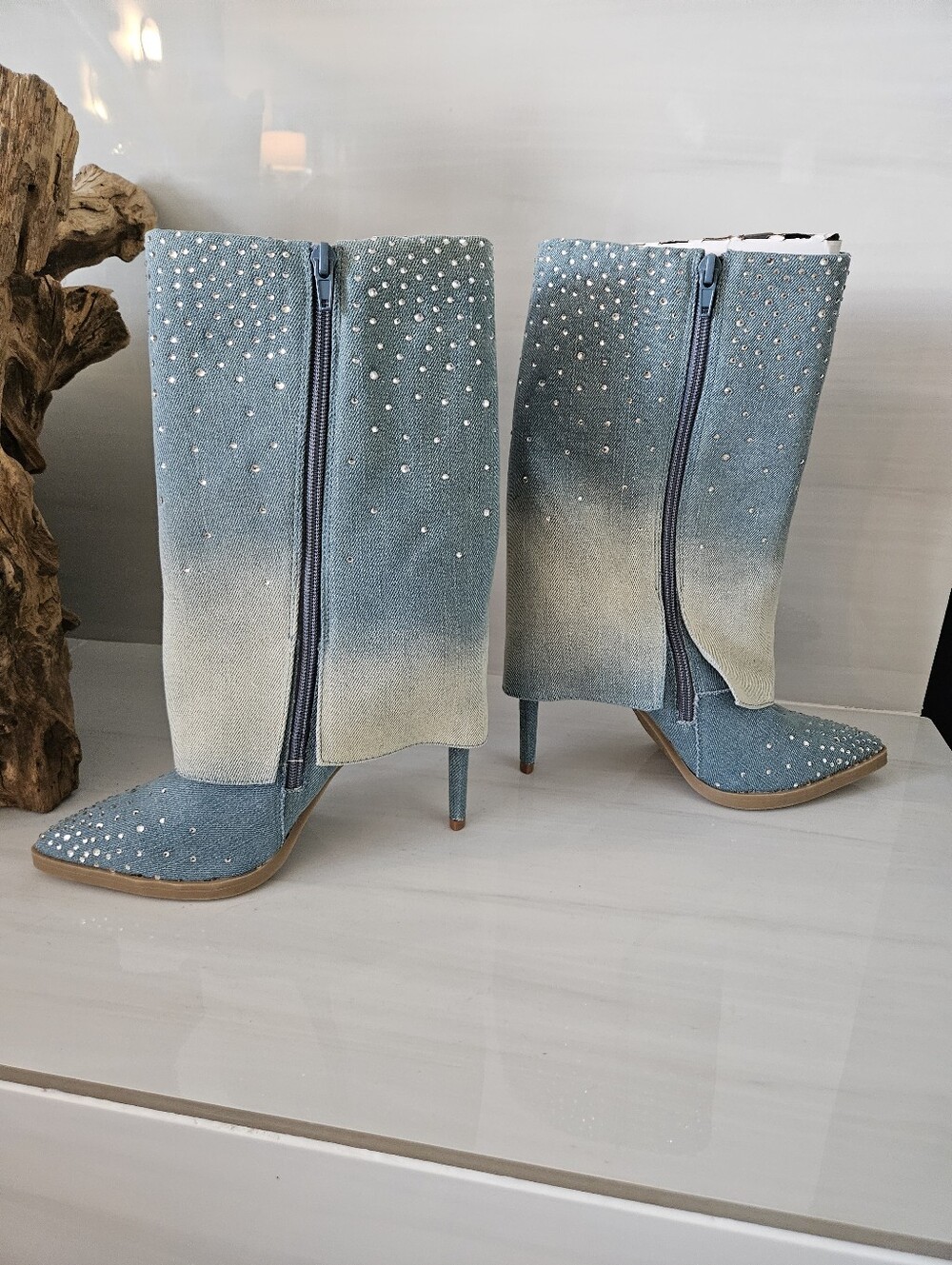 Thalia Sodi Denim Ombre Rhinestone Crystal Buckle Boots Size 6 NEW - Picture 11 of 14